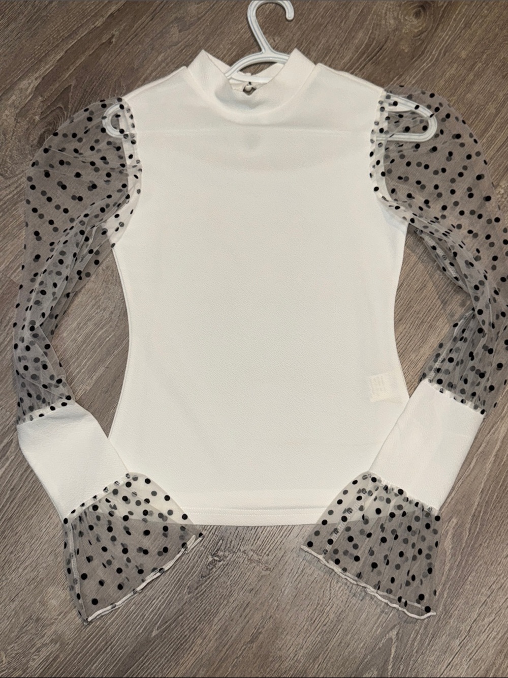 SHEIN White Mock Neck Top with Black Polka Dot Mesh Sleeves
